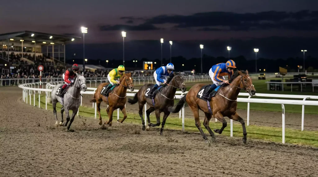 Horses racing under floodlights on an all-weather Polytrack surface at a UK evening meeting