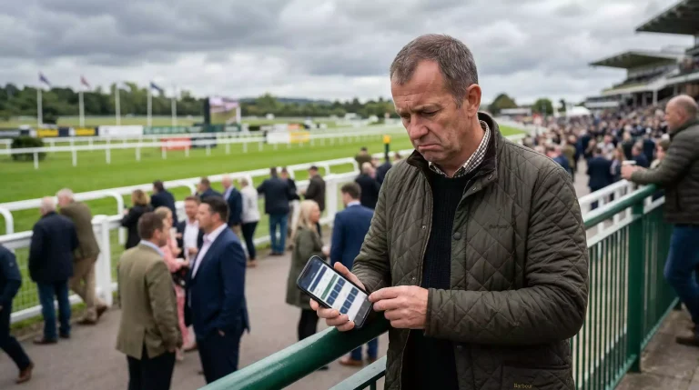 Bookmaker's price board at a UK racecourse showing changing odds before a race