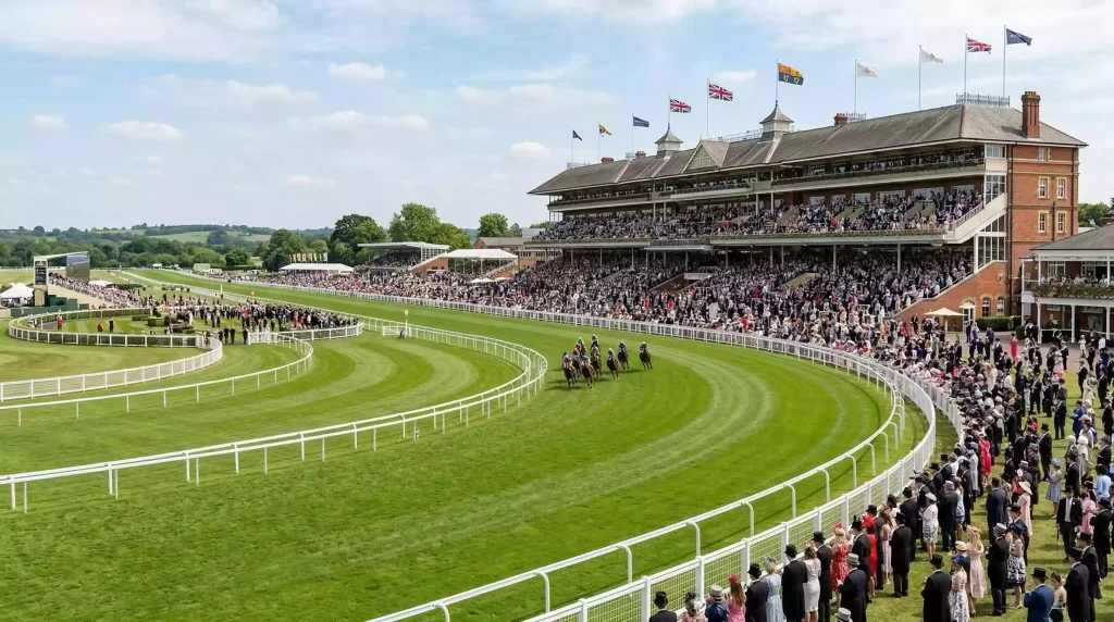 Panoramic view of a prestigious British flat racecourse with manicured green turf and packed grandstand