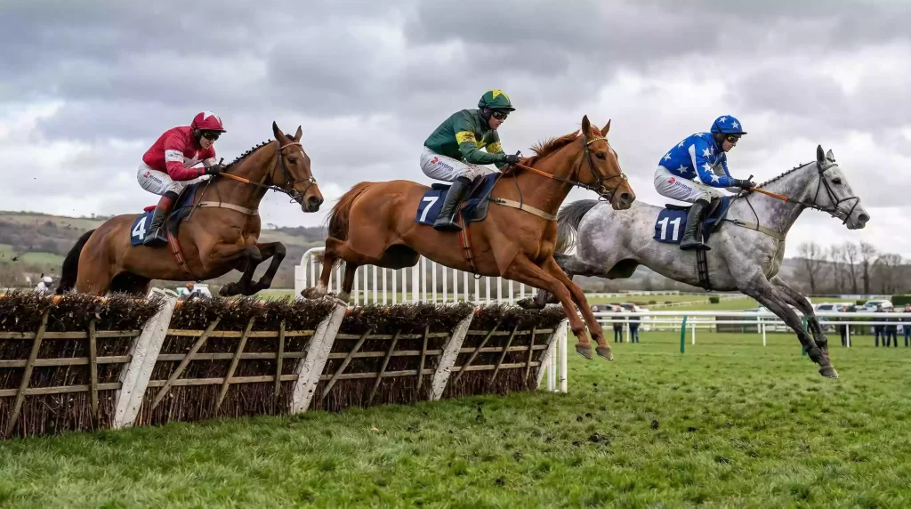 Horses clearing a steeplechase fence at a British National Hunt racecourse on a winter day