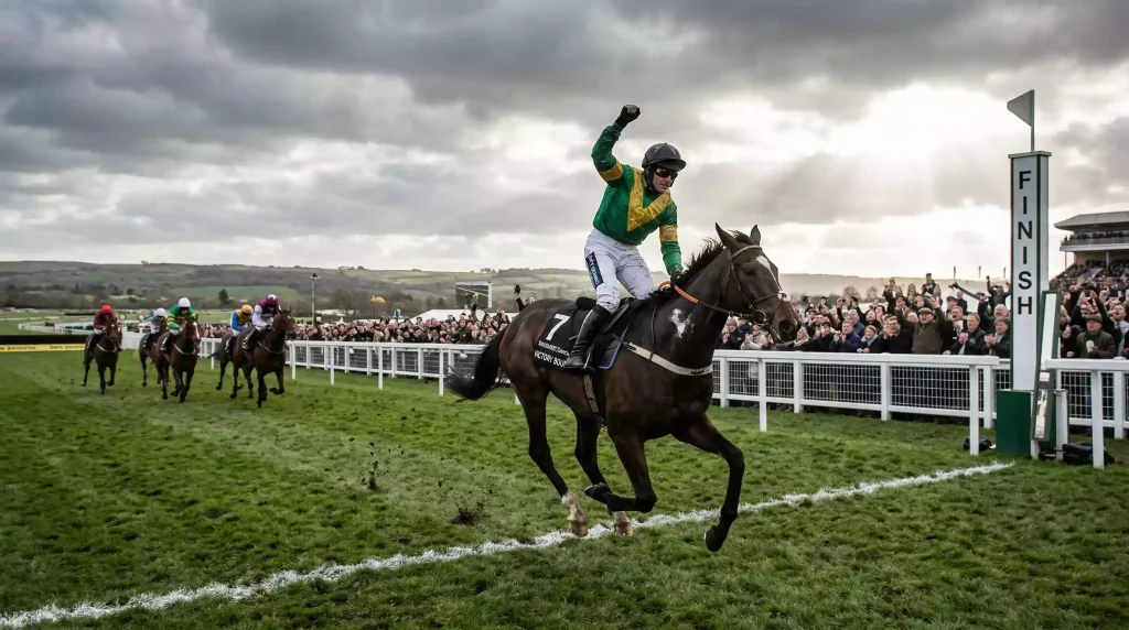 Outsider racehorse crossing the finish line alone far ahead of the field in a major UK race