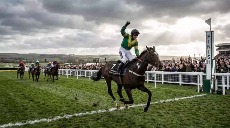 Outsider racehorse crossing the finish line alone far ahead of the field in a major UK race