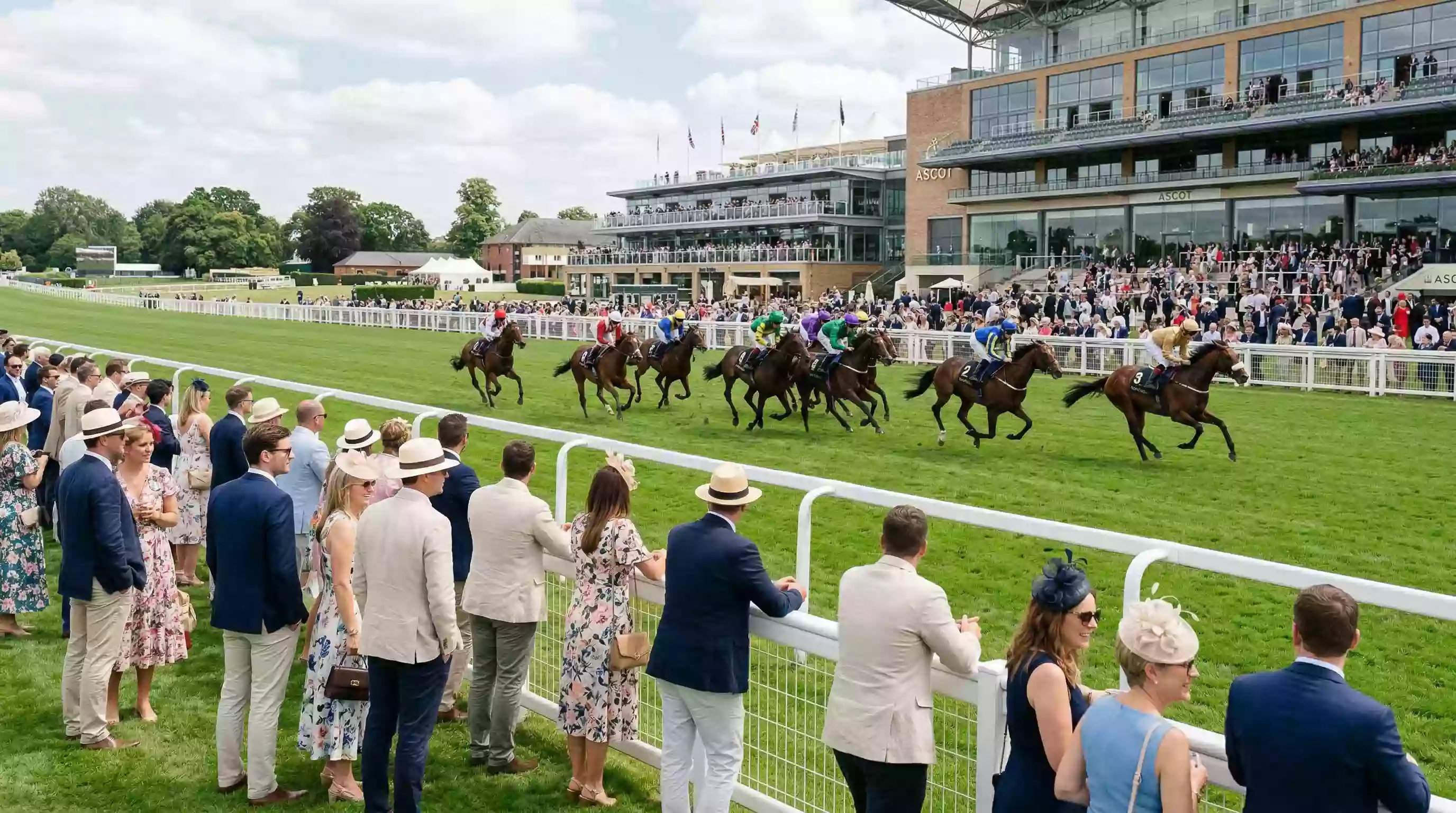 Crowd at a British racecourse grandstand watching horses approach the finish line