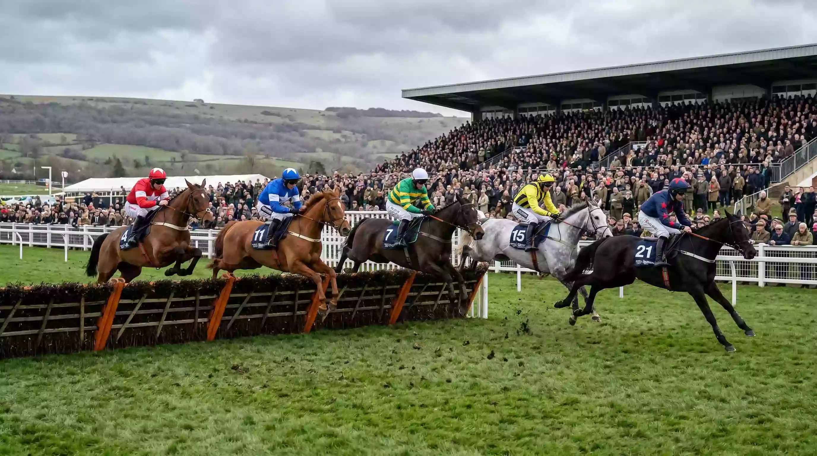 Horses jumping a fence at the Cheltenham Festival with packed grandstands in the background