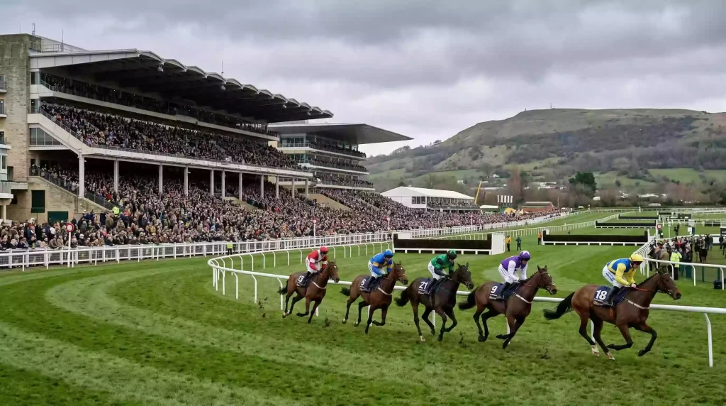 Packed Cheltenham racecourse amphitheatre with the famous hill and crowds during the Festival