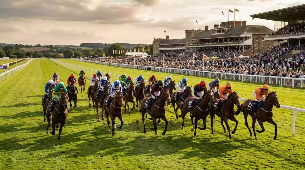 Large field of runners in a competitive handicap race spreading across a wide British turf course