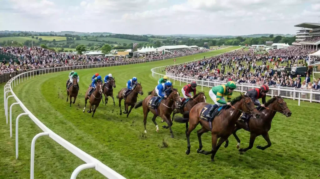 Runners sweeping downhill around Tattenham Corner during the Epsom Derby with the Downs beyond