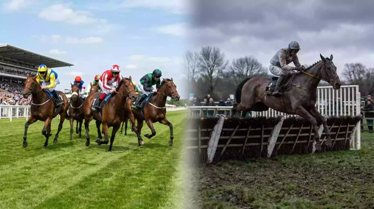 Split view of flat racing on summer turf and National Hunt steeplechase jumping a fence in winter