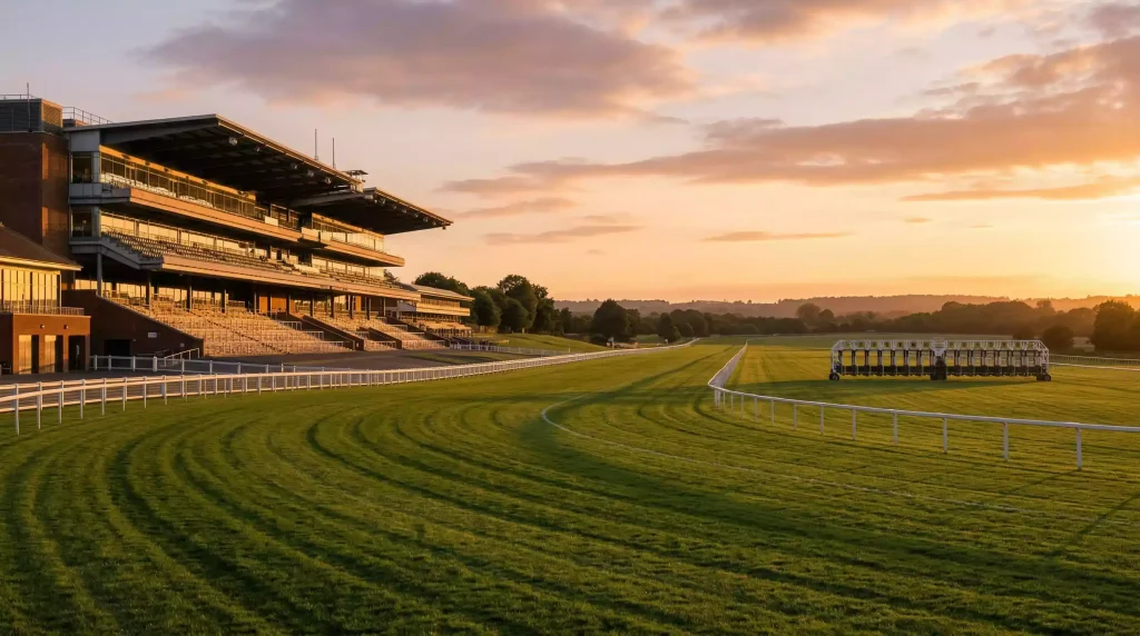 Empty British racecourse grandstand at sunset with the turf course stretching into the distance