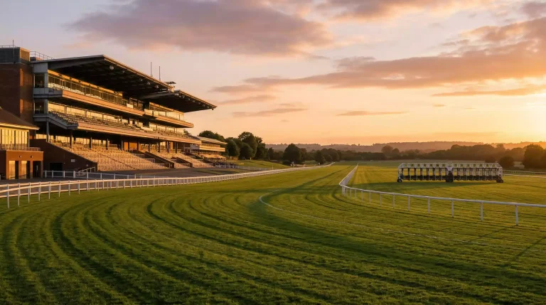 Empty British racecourse grandstand at sunset with the turf course stretching into the distance