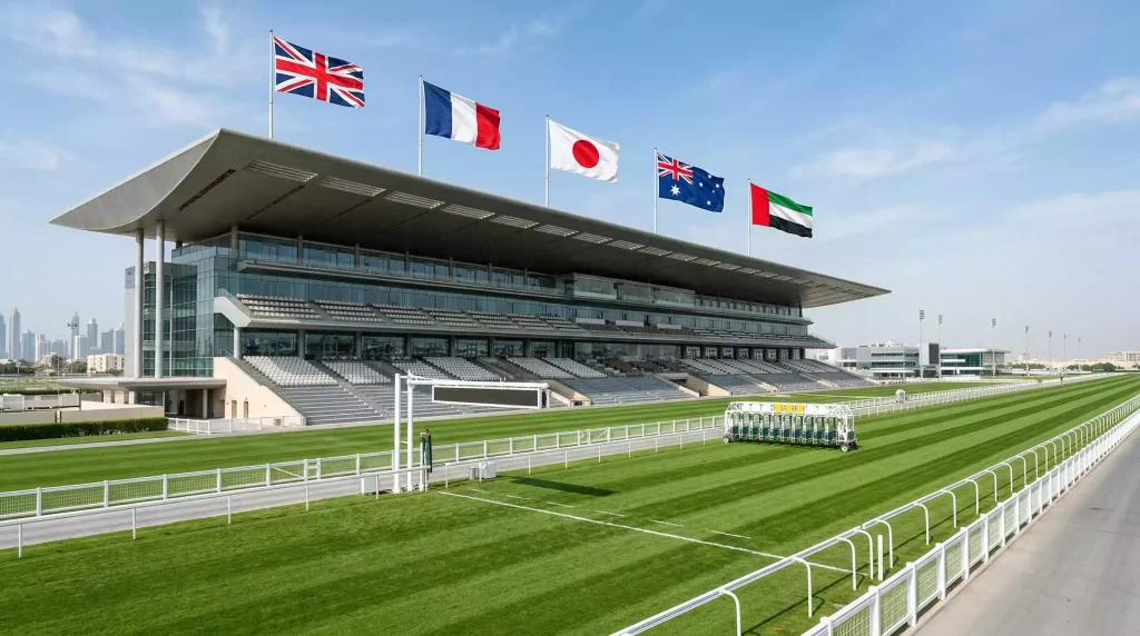 View from above the finish line at a major international racecourse with flags of different nations