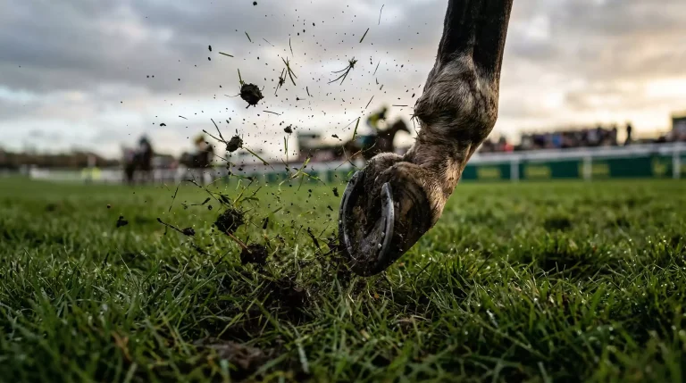 Close-up of a UK racecourse turf surface showing ground conditions from firm to soft going
