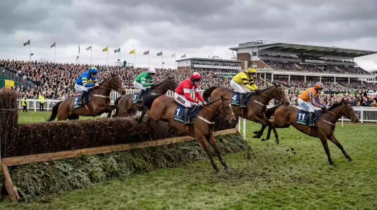 Horses jumping the iconic Becher's Brook fence during the Grand National at Aintree