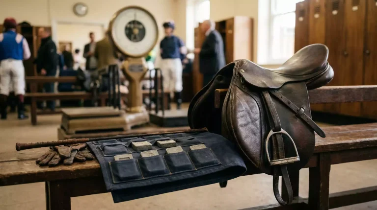 Jockey's saddle with lead weight cloth being prepared in the weighing room at a British racecourse
