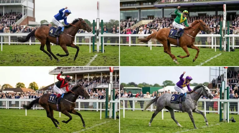 Four racehorses crossing the finish line in separate race frames suggesting an accumulator bet sequence