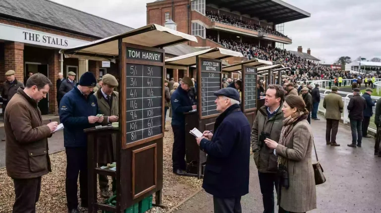 Row of on-course bookmakers with price boards at a British racecourse betting ring