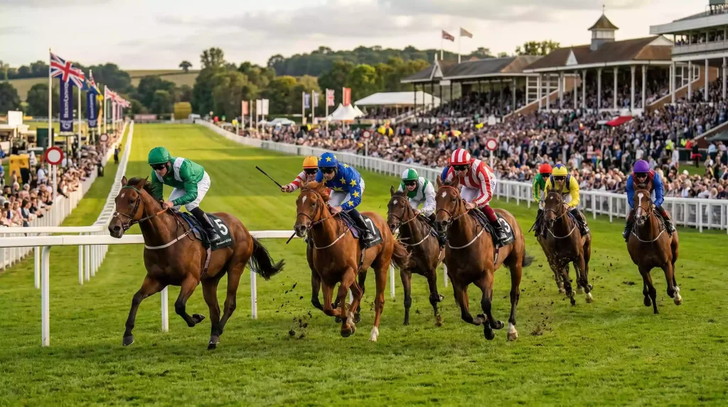 Racehorses competing in different classes at a British turf racecourse with the grandstand behind