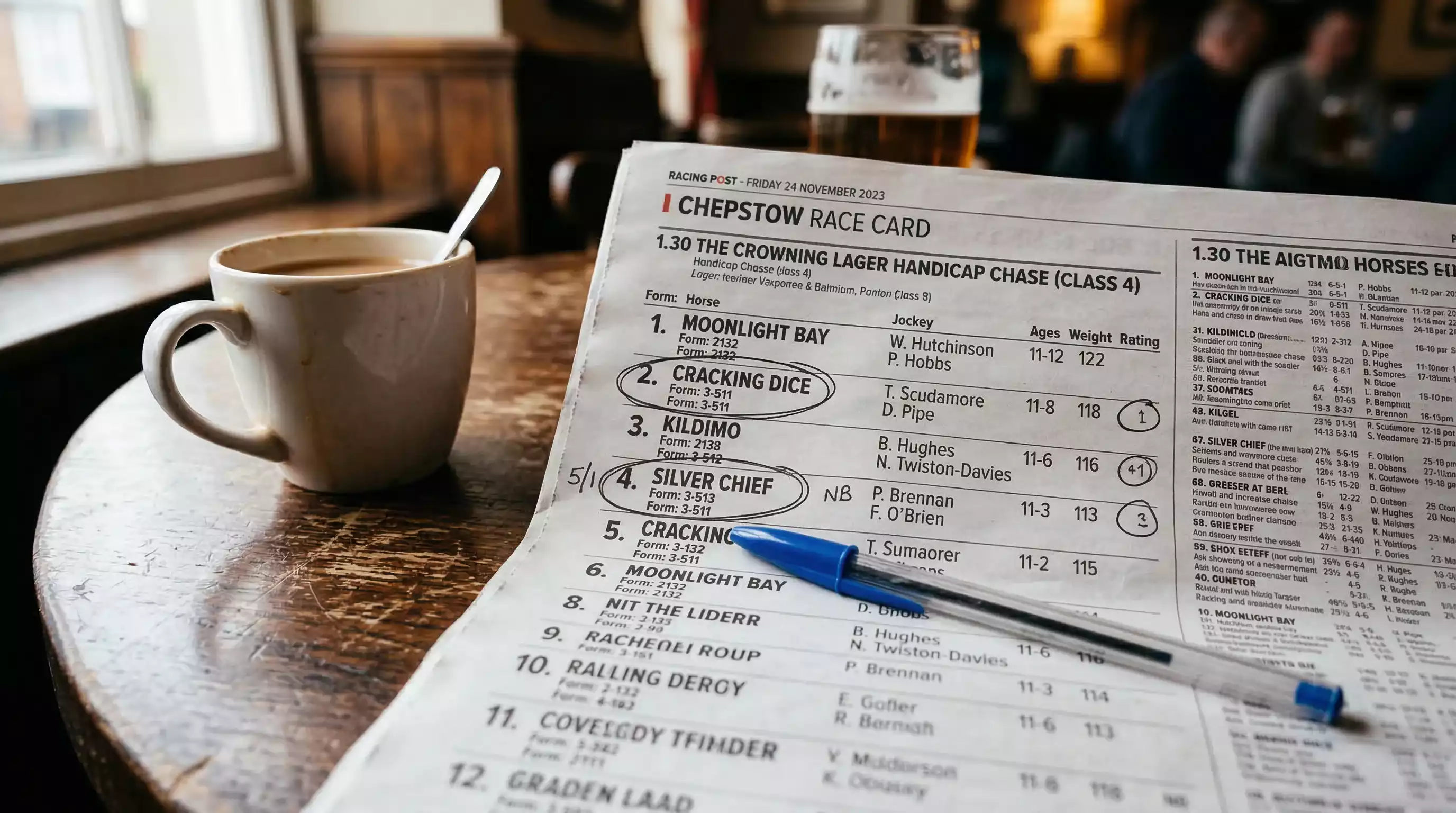 Close-up of a horse racing form guide with detailed race entries and ratings columns