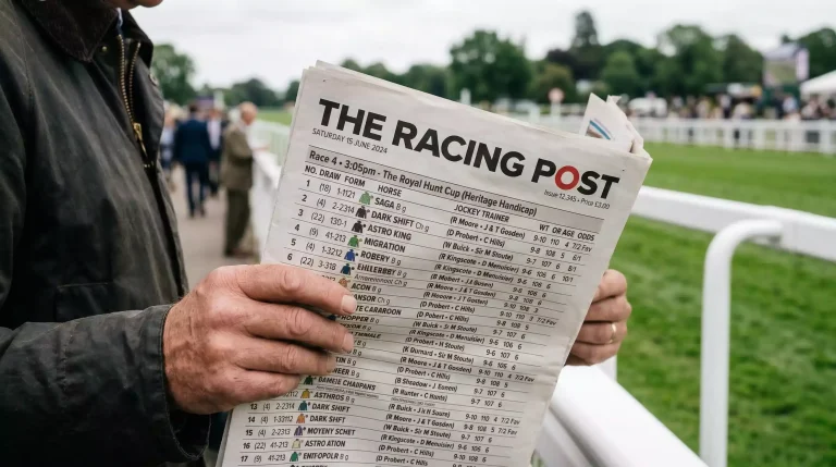Horse racing form guide with race card columns and form figures at a UK racecourse