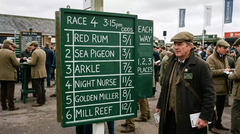 Traditional bookmaker's chalkboard showing fractional odds at a British racecourse betting ring