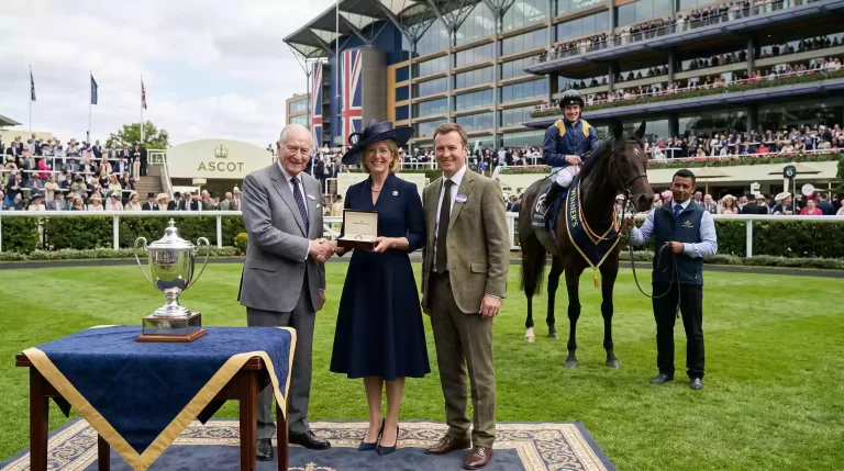 Winner's trophy and prize presentation at a prestigious British racecourse after a feature race