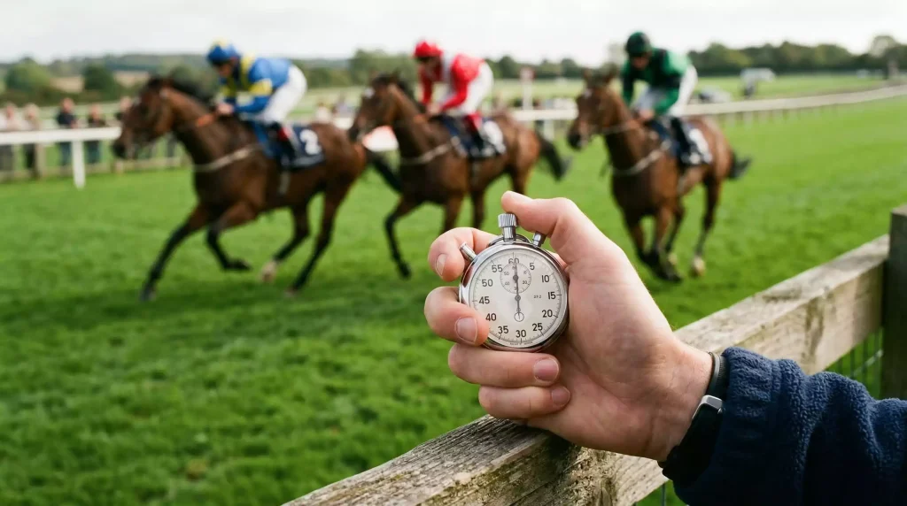 Close-up of a stopwatch held trackside at a British racecourse with horses racing in the background