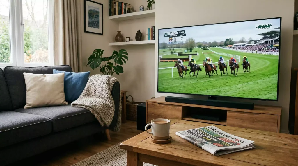 Living room television showing a live horse race broadcast with ITV Racing graphics