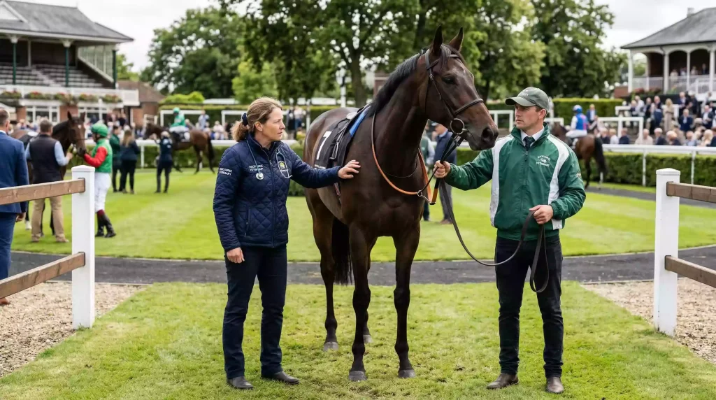 Racecourse veterinarian examining a thoroughbred horse before a race at a British track