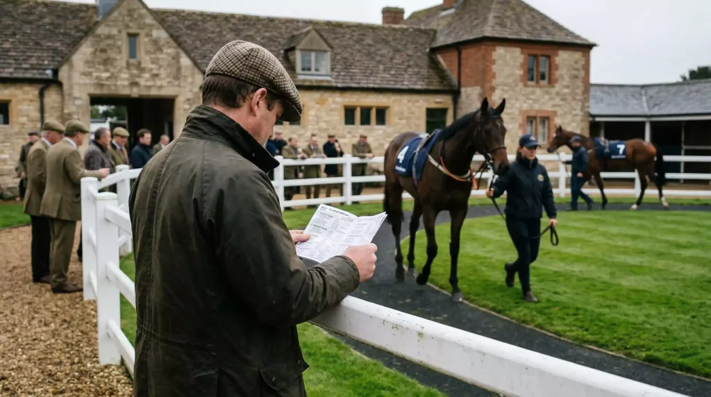 Racegoer studying a horse racing form guide at a British racecourse before picking a winner