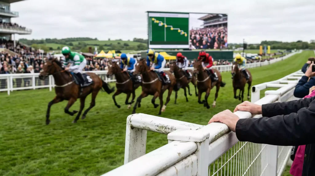 Racehorses mid-race at a British course with the betting ring and screens visible in the foreground