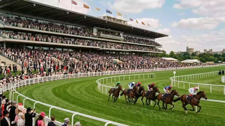 Packed grandstand crowd at a major UK horse racing festival with horses racing on the turf track