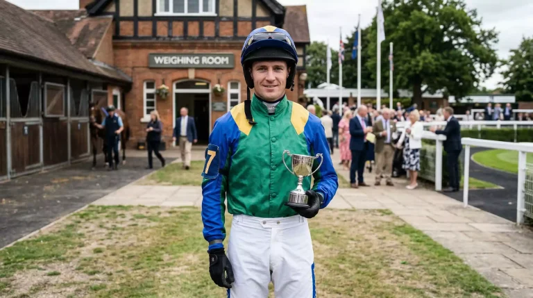 Jockey in colourful silks standing in the winner's enclosure at a British racecourse holding a trophy