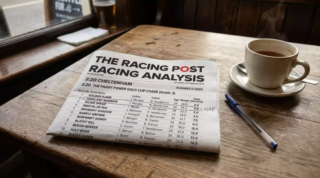 Racing newspaper folded to show the tipster page with NAP selections circled in pen