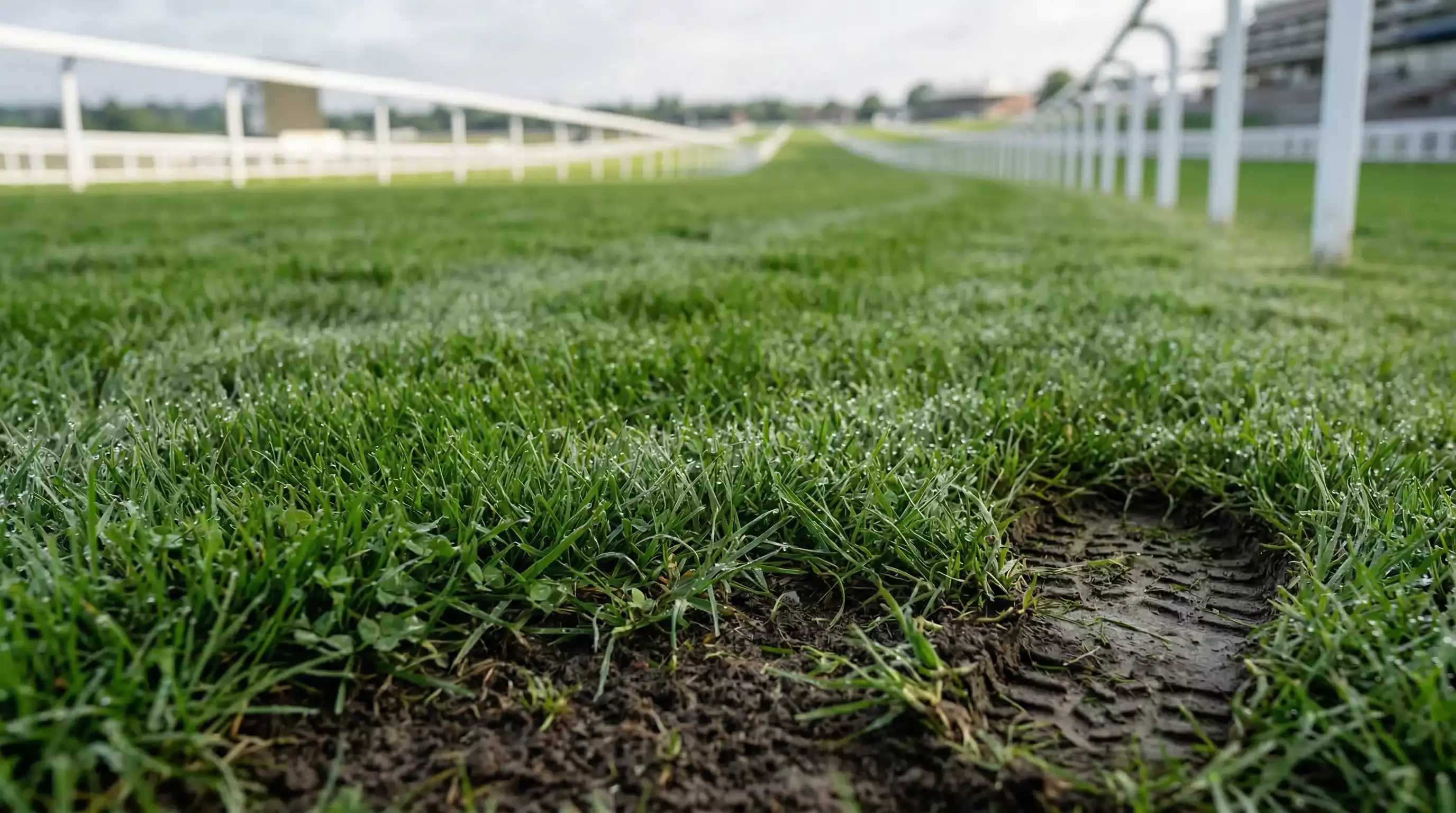 Close-up of a racecourse turf surface showing the texture and moisture level of the going ground