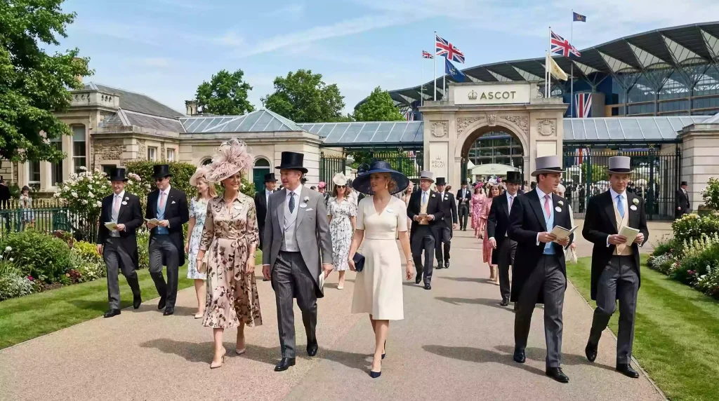 Elegantly dressed racegoers arriving at the Royal Ascot entrance on a sunny June day
