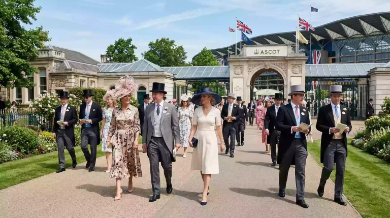 Elegantly dressed racegoers arriving at the Royal Ascot entrance on a sunny June day
