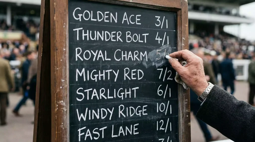 Punter studying a mobile phone betting app with a frustrated expression at a British racecourse