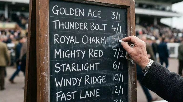 Punter studying a mobile phone betting app with a frustrated expression at a British racecourse