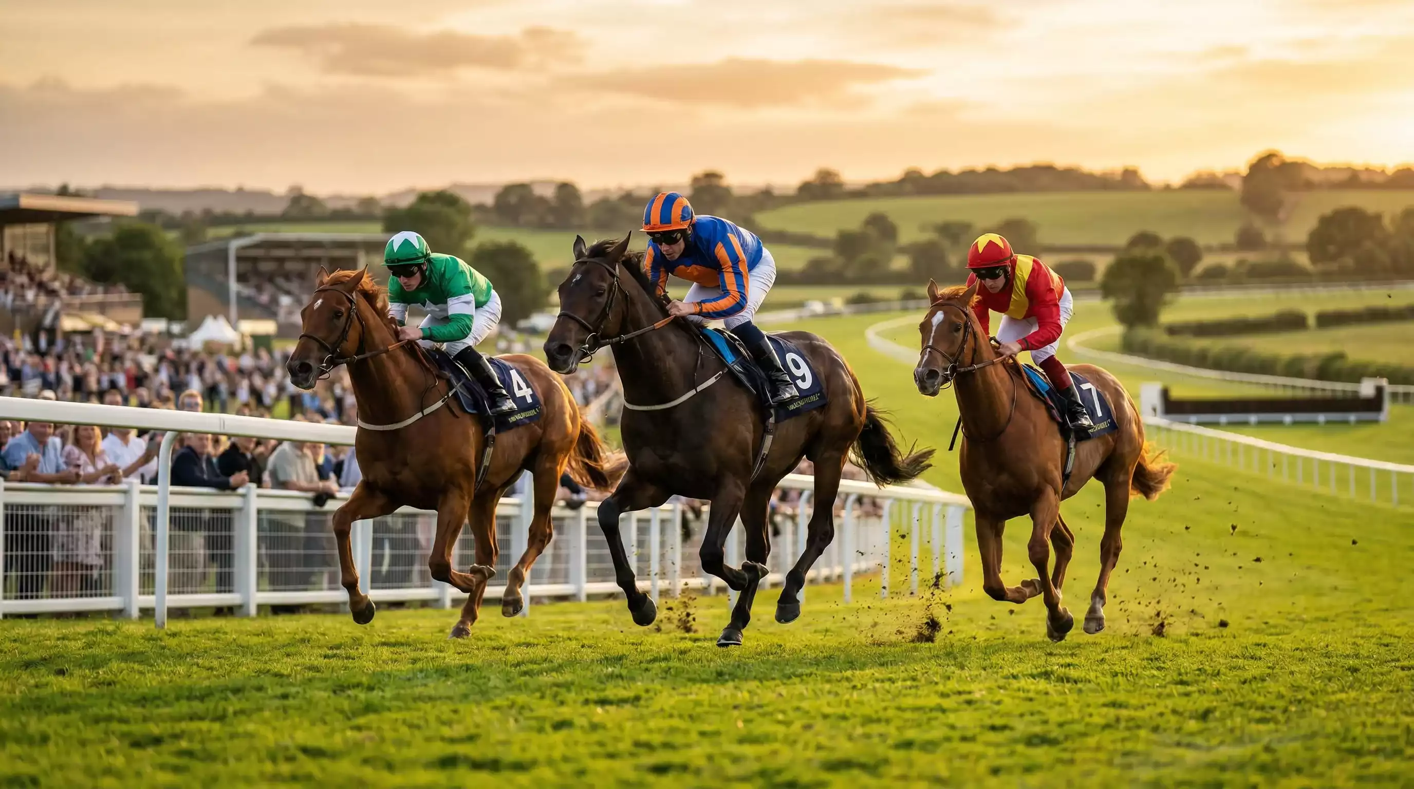 Thoroughbred horses racing on a British turf racecourse during golden hour