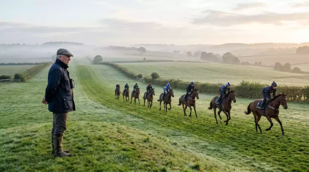 Horse trainer watching racehorses exercise on the gallops at a Newmarket training yard at dawn