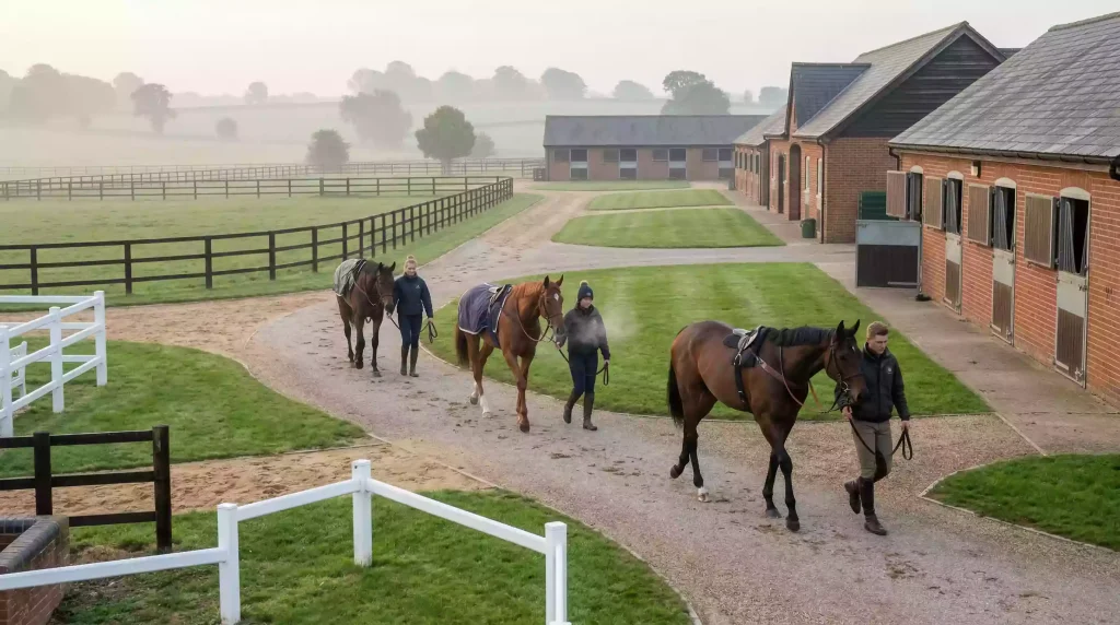 Small string of racehorses walking back from the gallops on a quiet training yard morning
