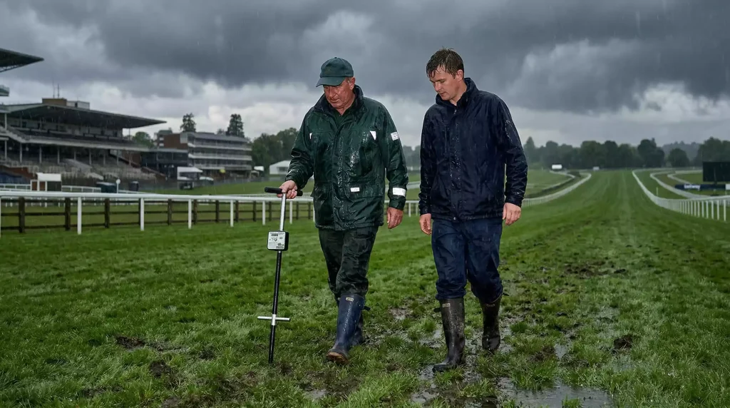 Groundstaff inspecting a rain-soaked racecourse with standing water on the turf track